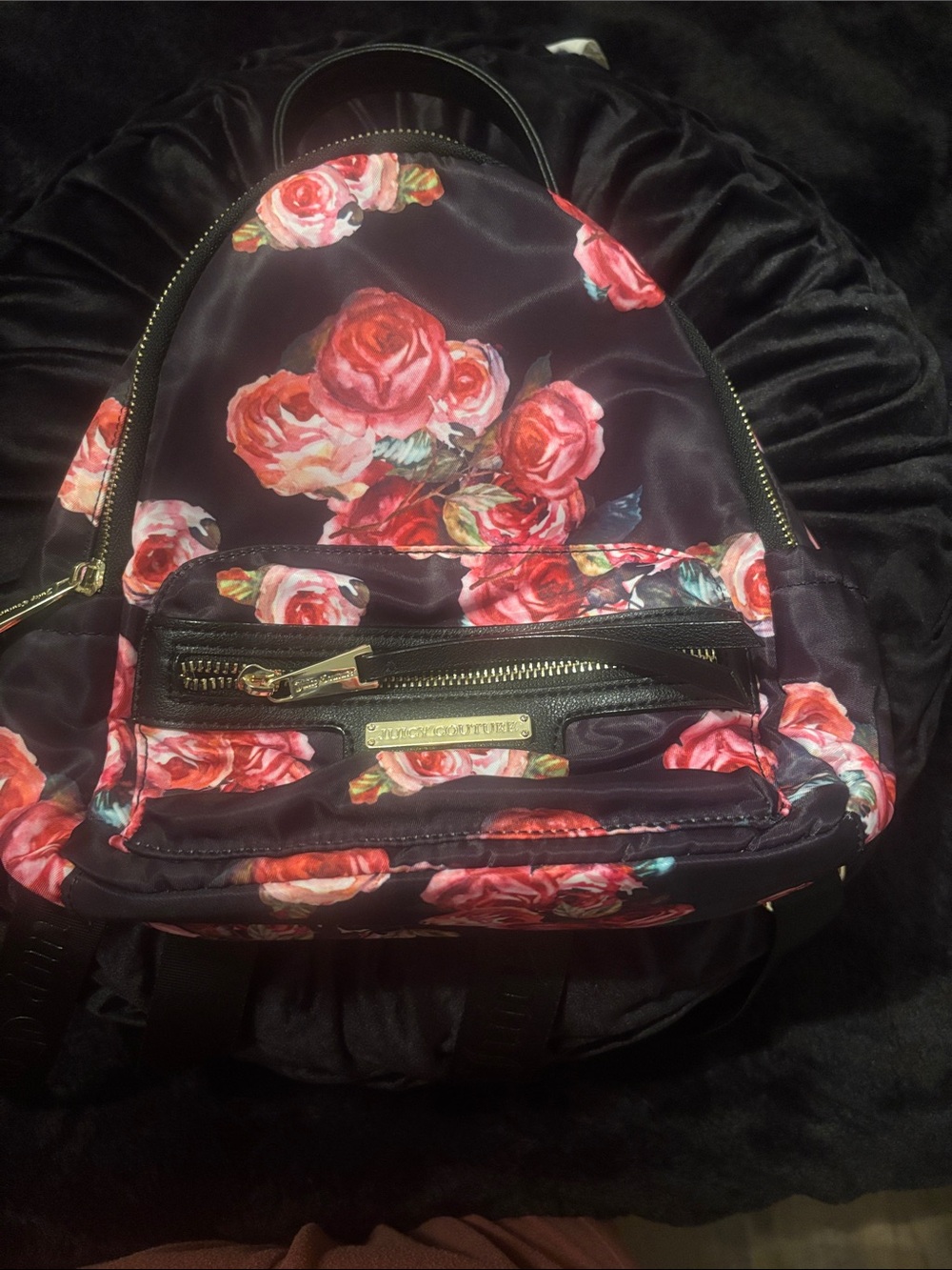 Juicy Couture Black Backpack with Pink Rose Print